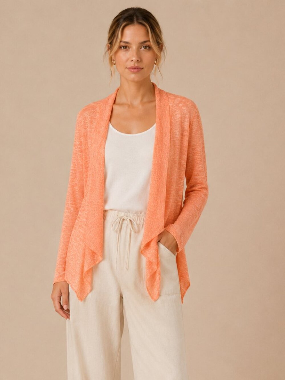 NWT Eileen Fisher Linen Blend Coral Open Drape Cardigan Size M